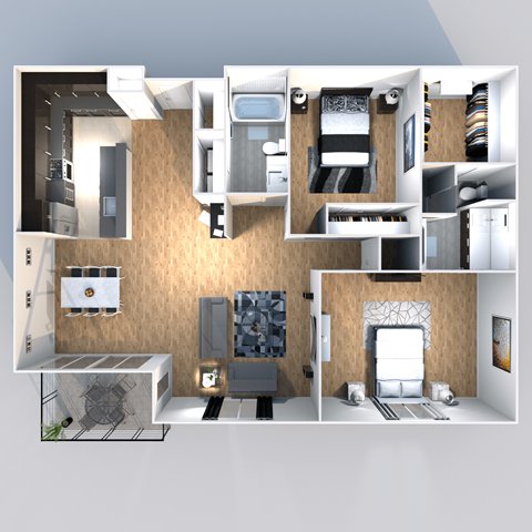 Floor plan for 2 beds, 2 baths, 1232 sqft